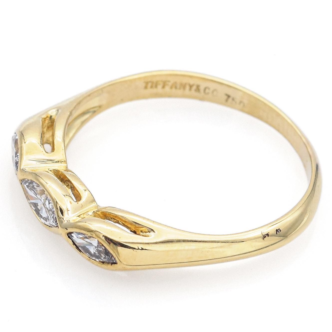 Contemporary Tiffany & Co 18K Yellow Gold 0.38tcw Diamond Marquise Three-Stone Band Ring For Sale