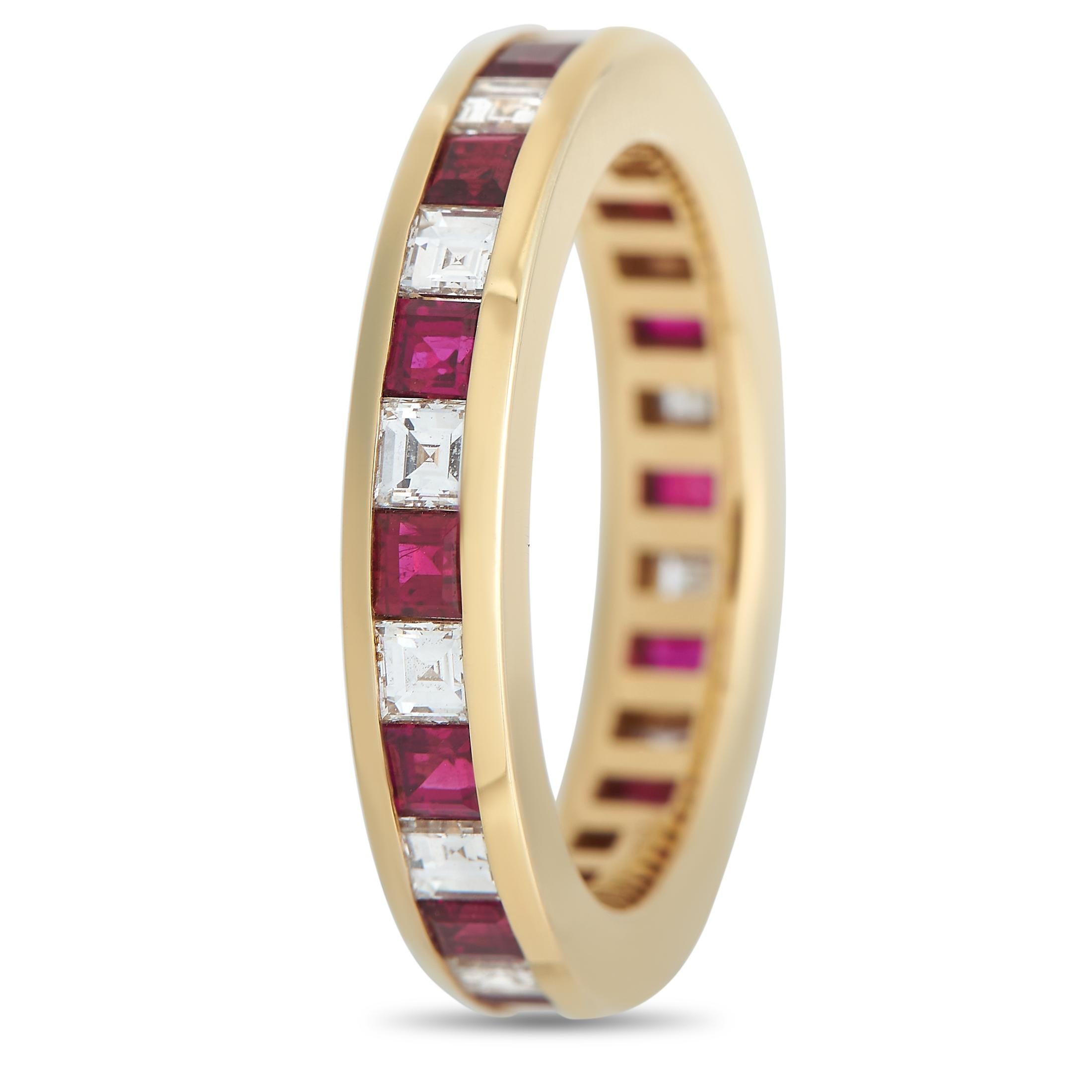 Let the never-ending sparkle of this eternity ring mark your never-ending love. This stunning Tiffany & Co. ring is crafted in 18K yellow gold and features an alternating pattern of channel-set square-cut rubies and diamonds.Offered in estate