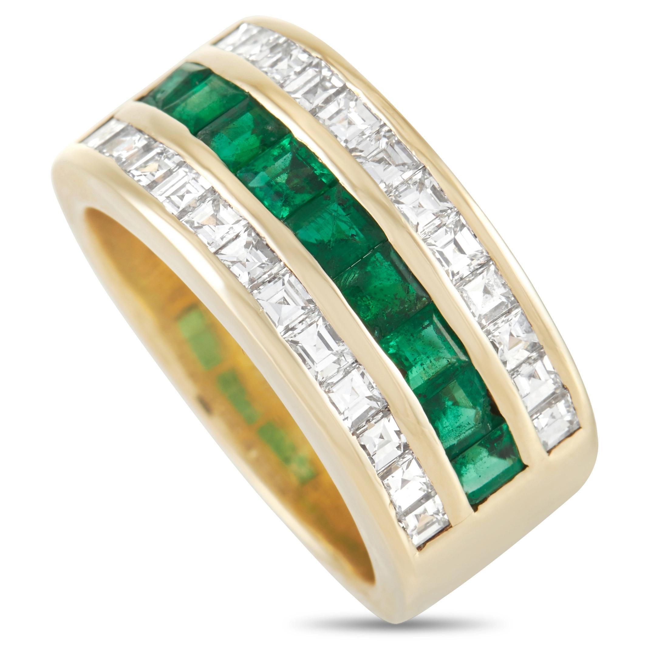 Shimmering gemstones are beautifully juxtaposed upon this elegant 18K Yellow Gold band ring from Tiffany & Co. In the center, a row of deep green emeralds with a total weight of 0.80 carats adds a pop of color to this dynamic design. It’s