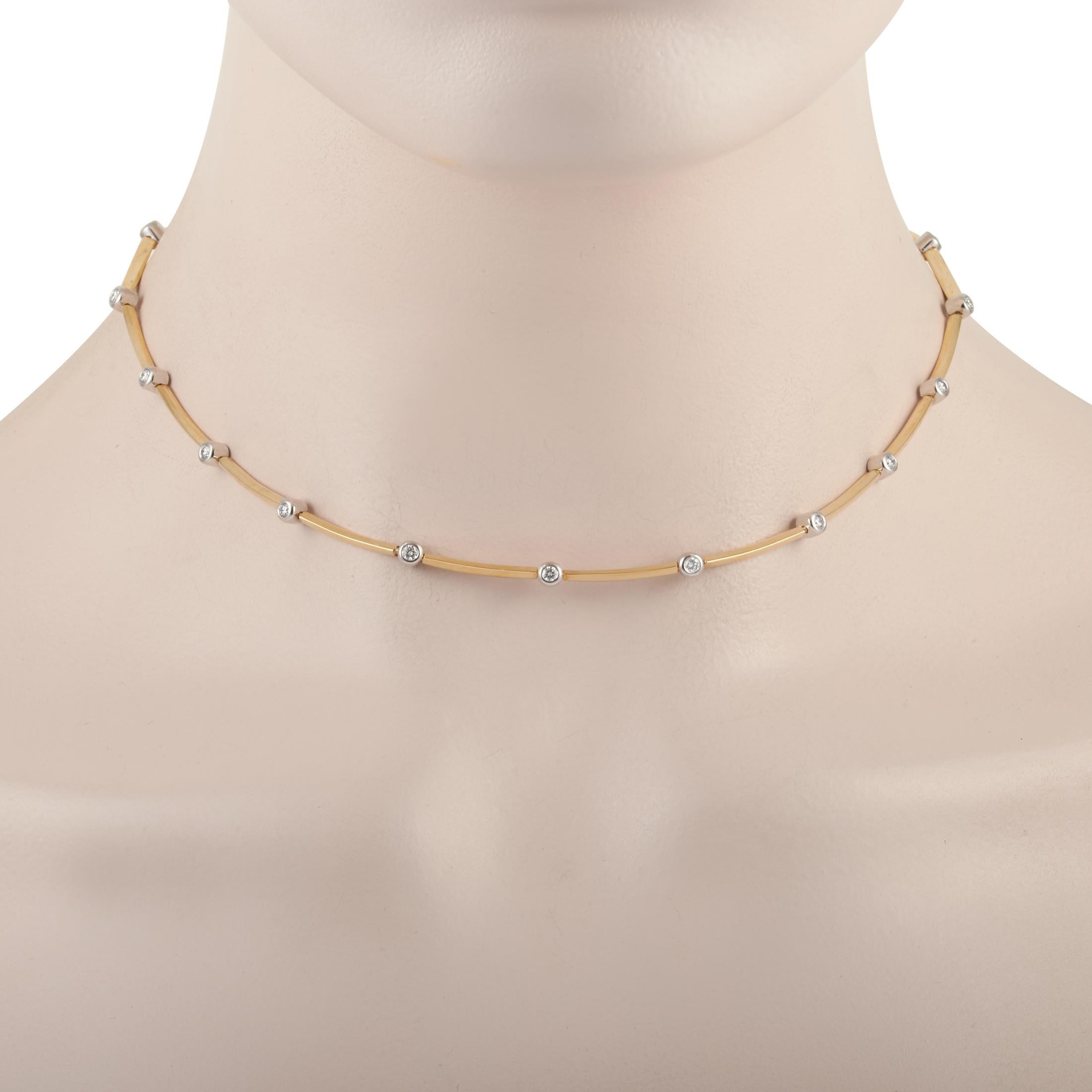 This Tiffany necklace is made from 18K Yellow Gold and embellished in 1.00 carats of diamond that feature E color and VVS clarity. The necklace weighs 22 grams with a length of 15 inches. 
 This piece of jewelry is exceptional and comes complete