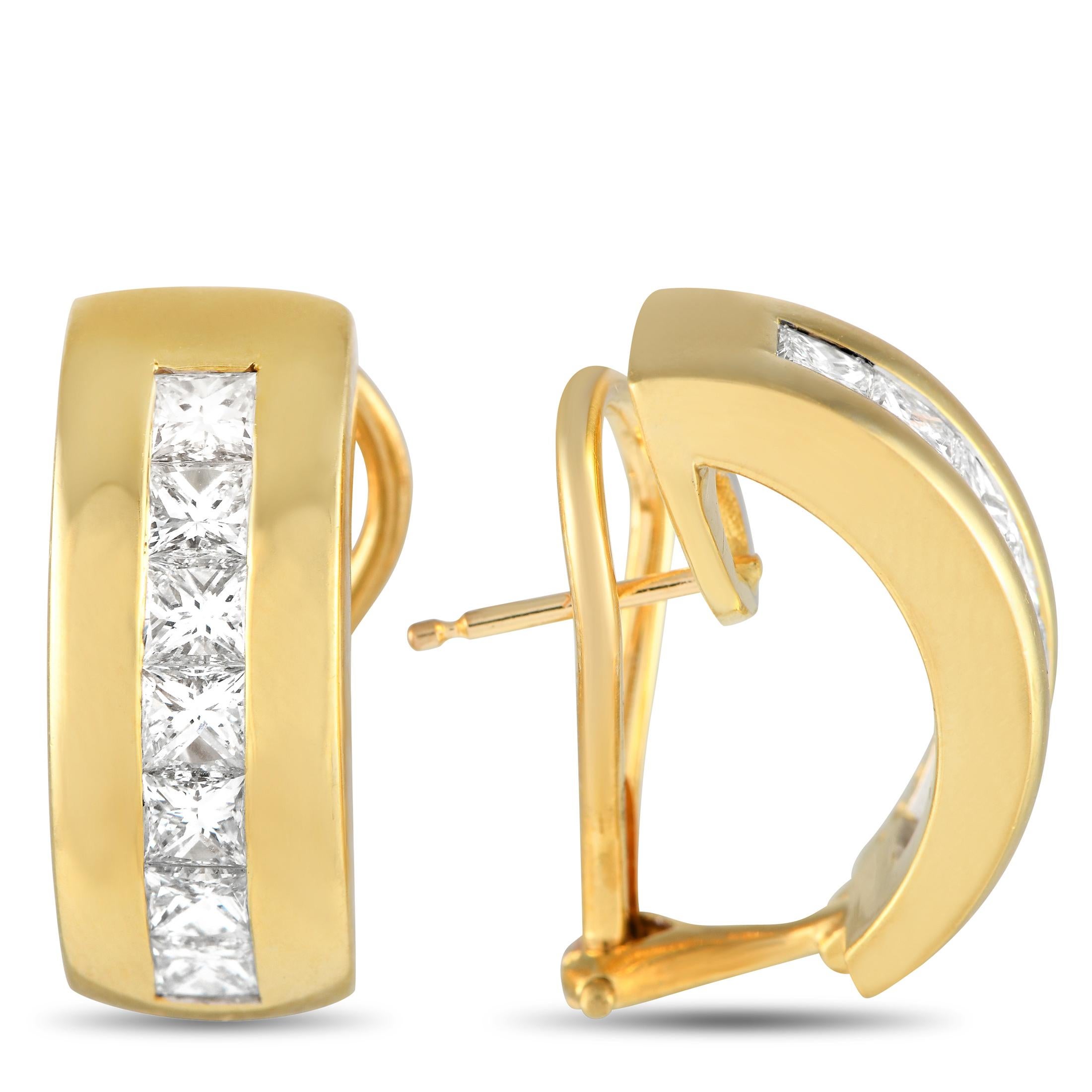 These Tiffany & Co. earrings are sleek, simple, and incredibly sophisticated. At the center of the 18K Yellow Gold hoop, a series of princess-cut Diamonds make a sparkling statement. Each earring measures 0.75 long by 0.25 wide  together, they come