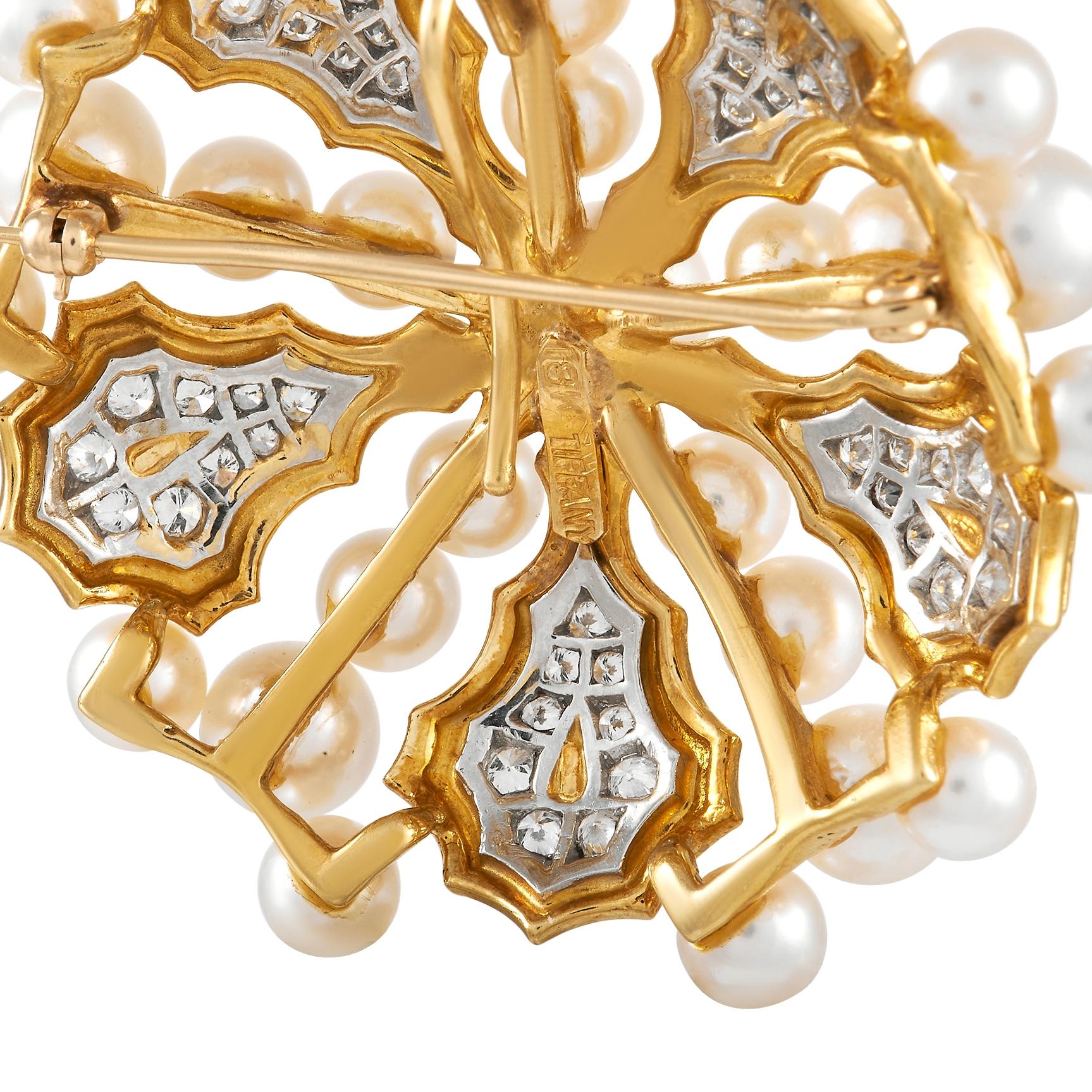 Tiffany & Co. 18K Yellow Gold 1.50 Ct Diamond and Pearl Brooch In Excellent Condition In Southampton, PA