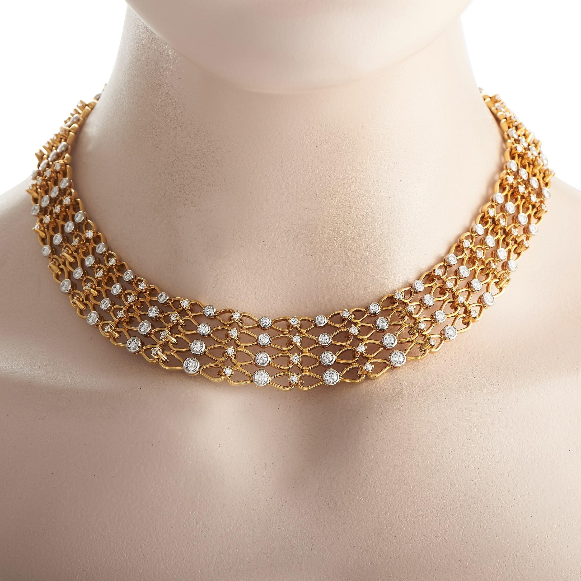 Ready to make you swoon is this Tiffany & Co. 18K Yellow Gold 16.5 ct Diamond Link Collar Necklace. Designed Cleopatra-style, expect this accessory to bring the goddess in you to life.  It features a tapered collar design of yellow gold links