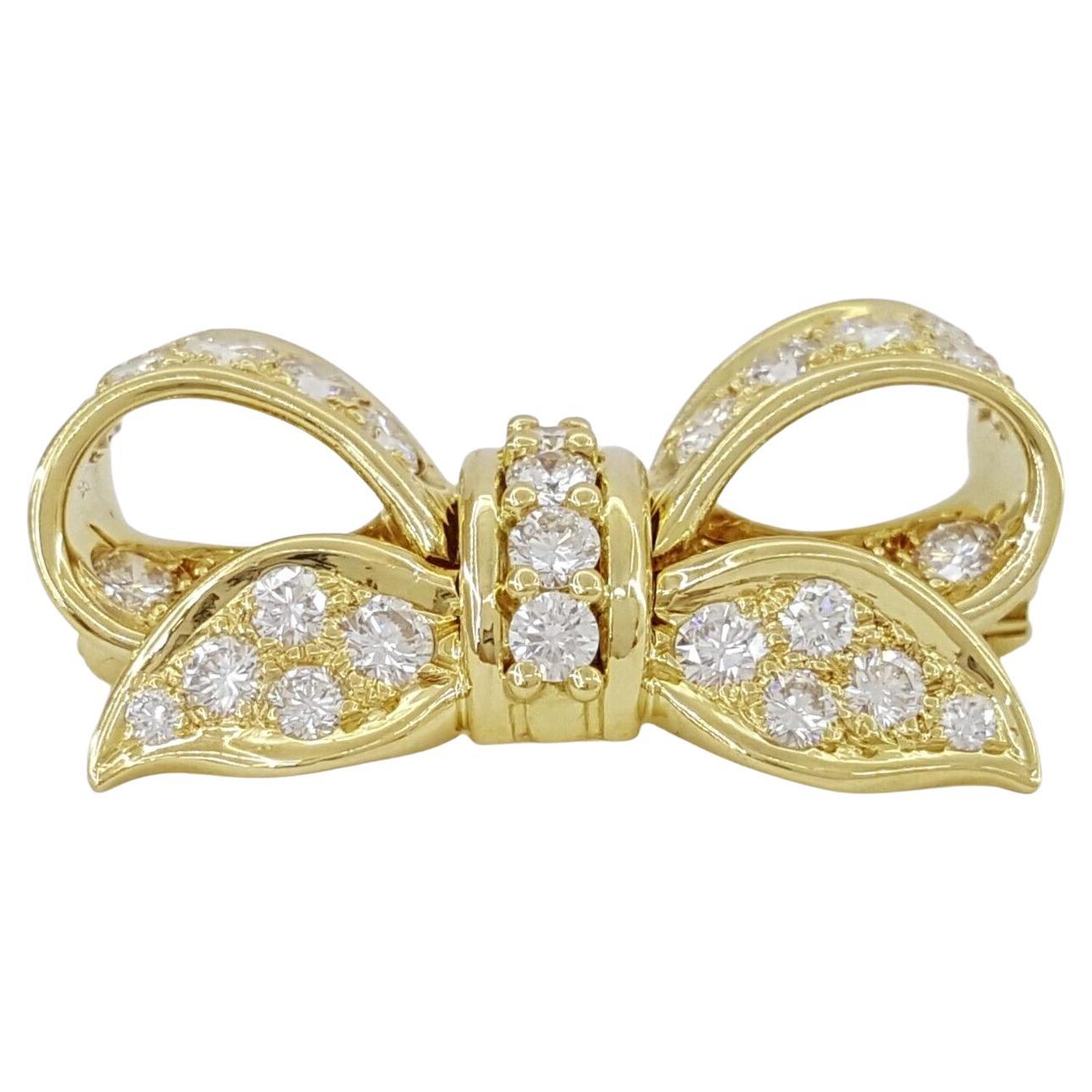 Tiffany & Co. 18k Yellow Gold 1.71ct Round Cut Diamond Bow Ribbon Brooch / Pin