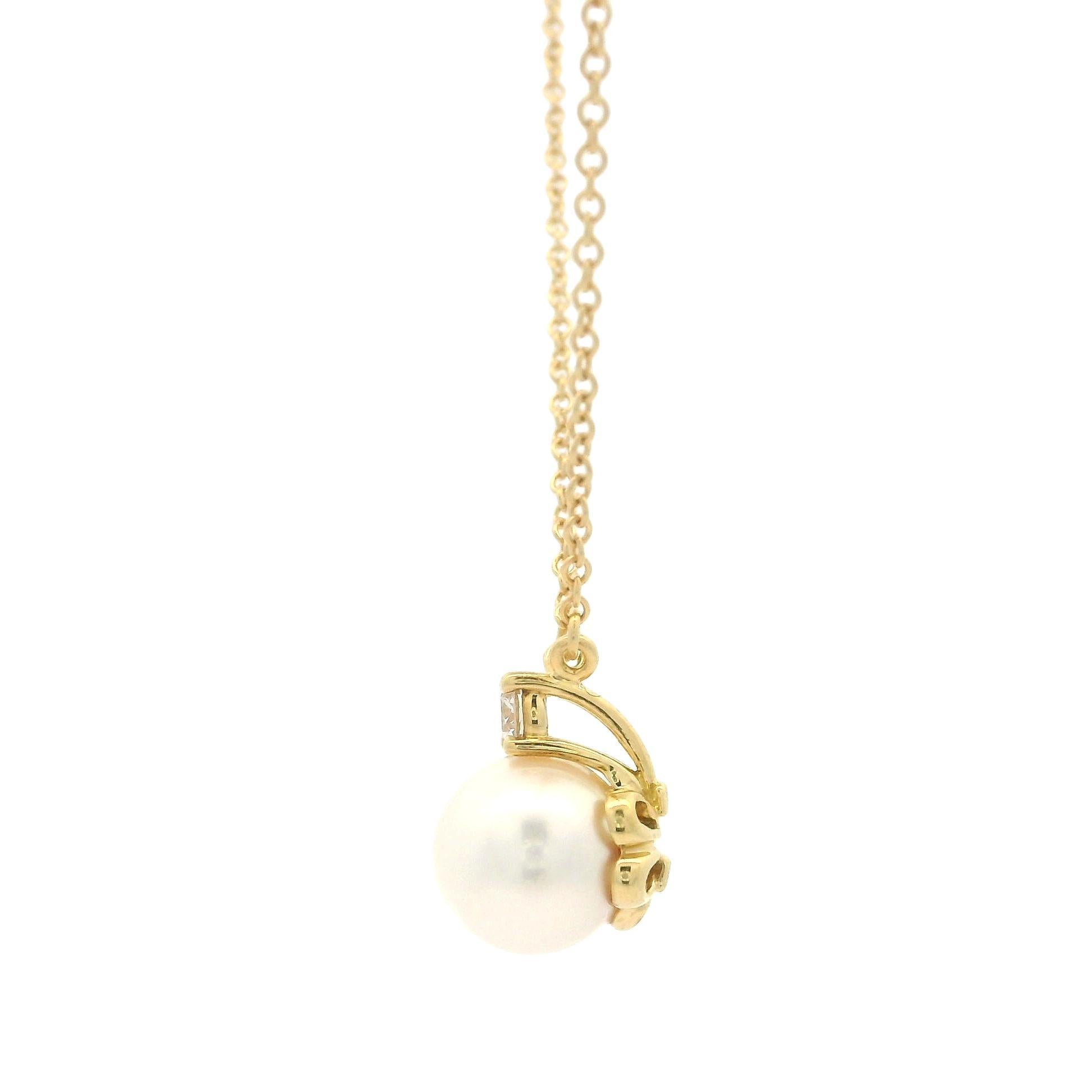 Tiffany & Co. 18k Yellow Gold Akoya Pearl and Diamond Pendant 16