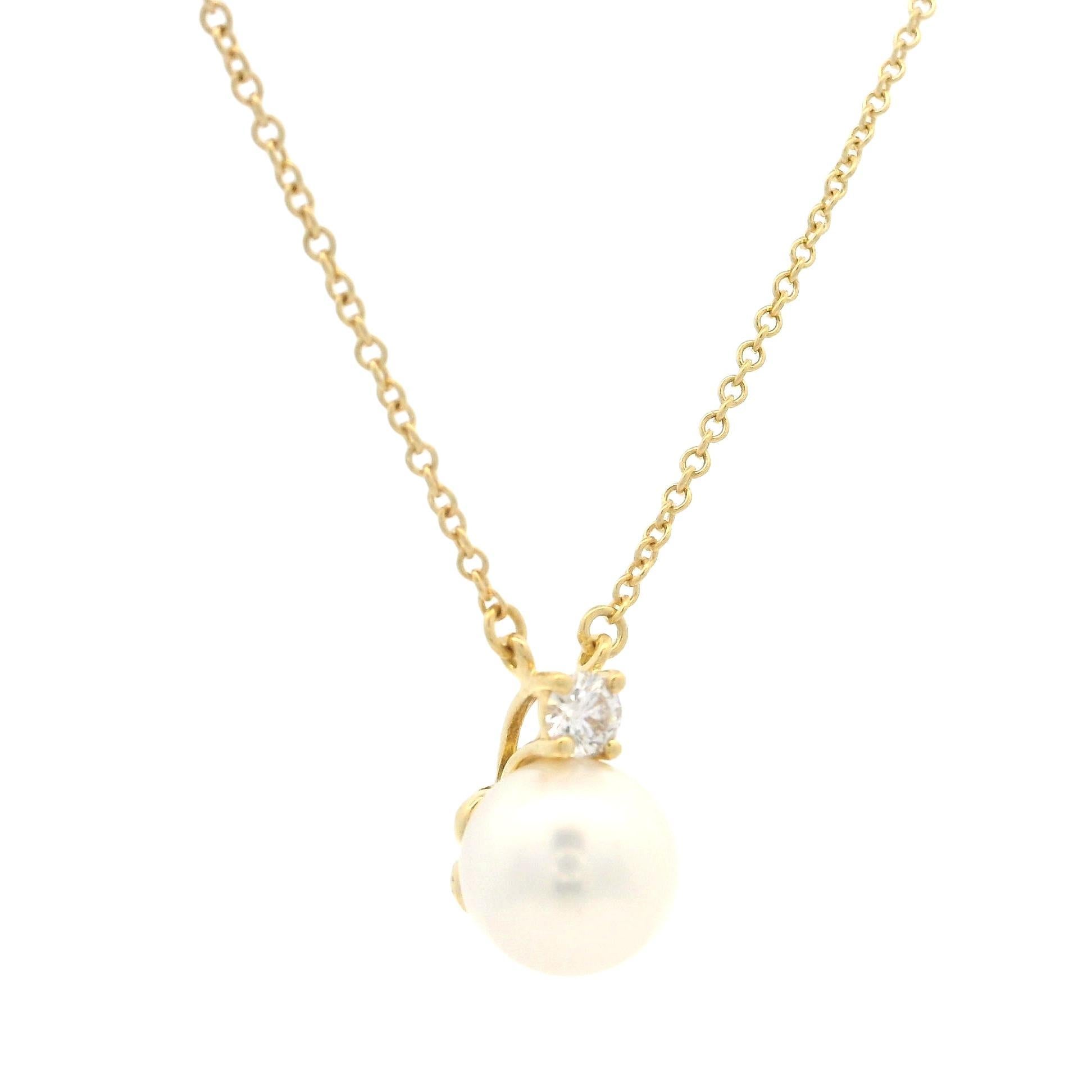 Tiffany & Co. 18k Yellow Gold Akoya Pearl and Diamond Pendant 16
