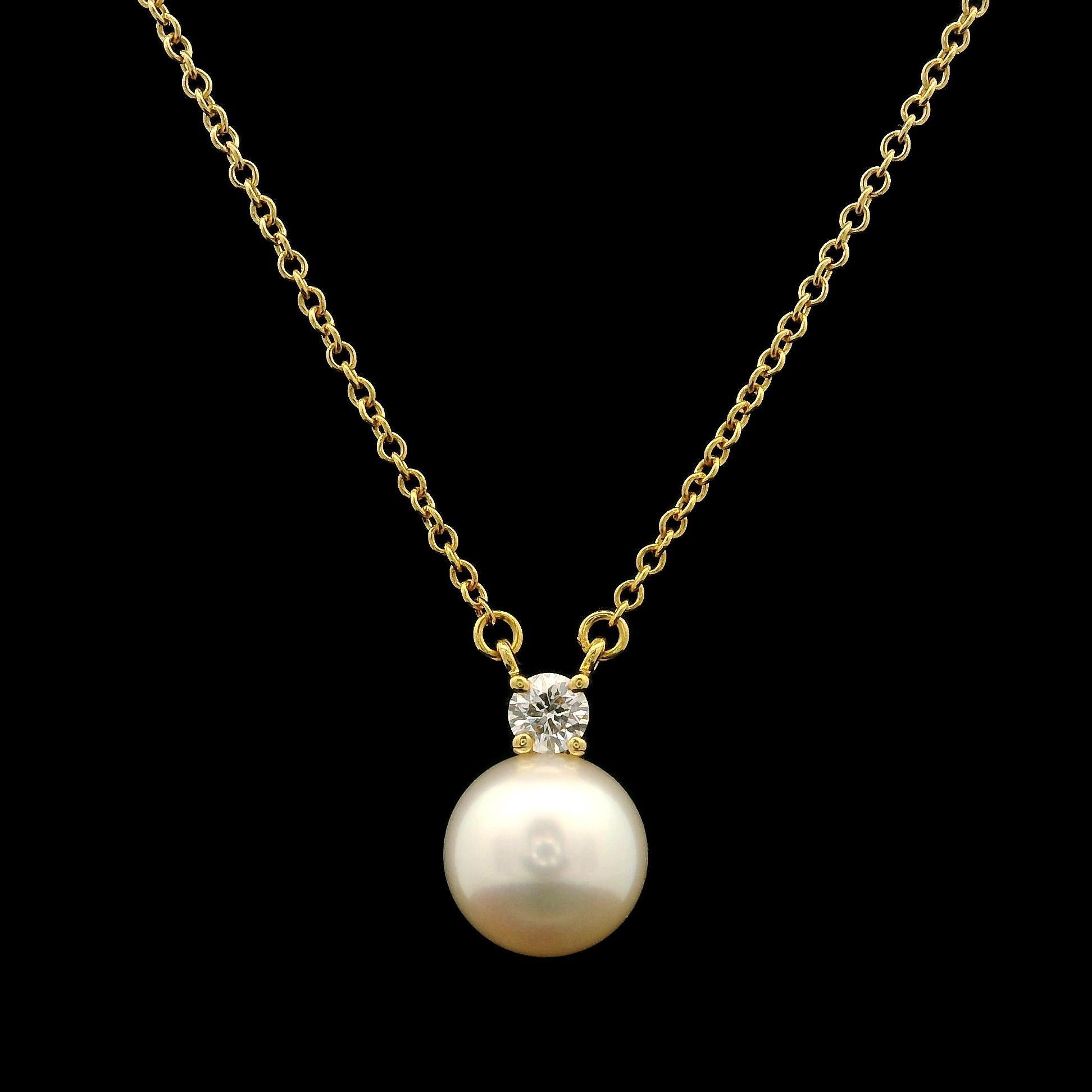 Tiffany & Co. 18k Yellow Gold Akoya Pearl and Diamond Pendant 16