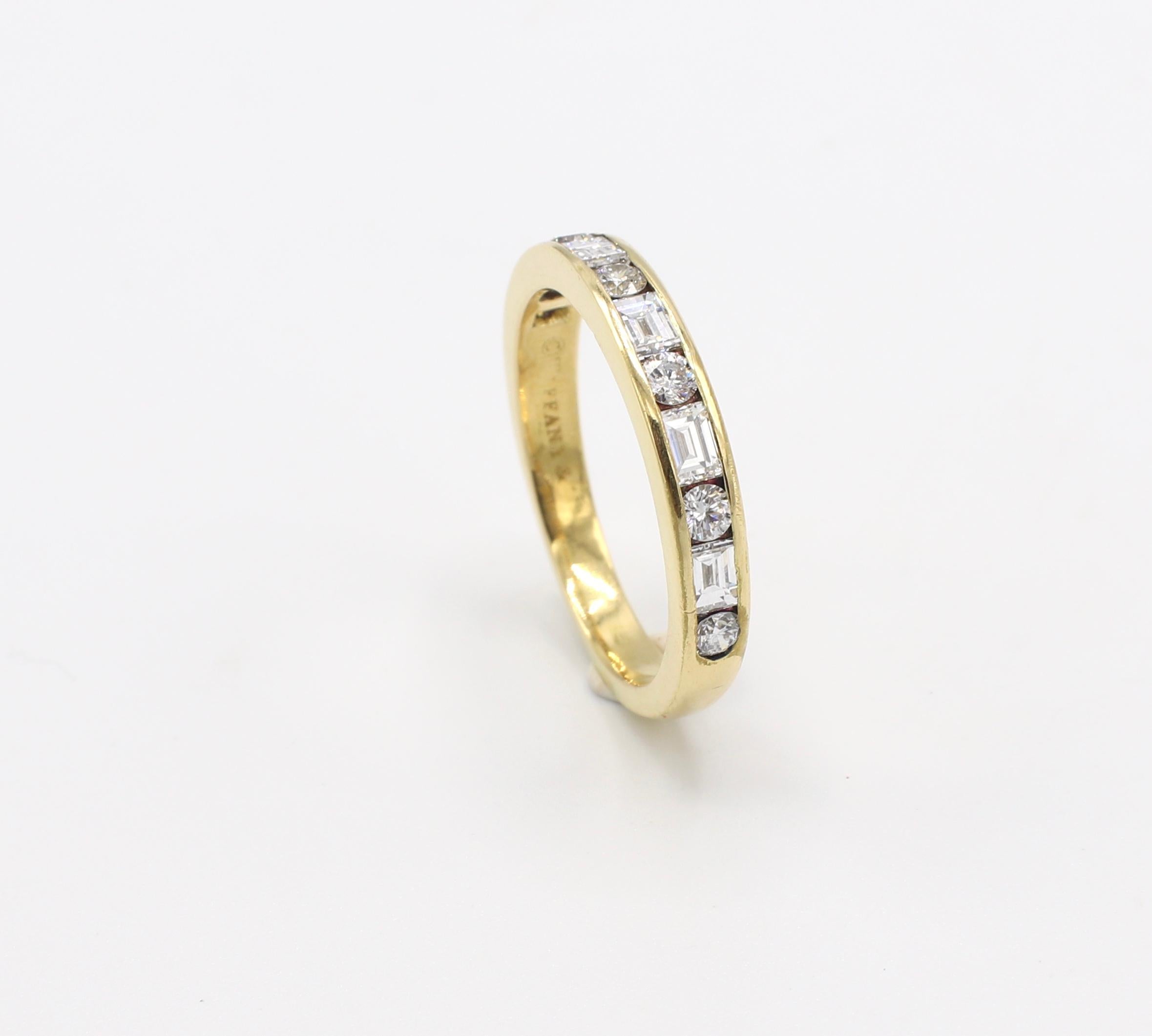 Tiffany & Co. 18K Gold Alternating Round & Baguette Diamond Channel-Set Band Ring Size 5

Metal: 18K yellow gold
Weight: 2.94 grams
Diamonds: Approx. .68 CTW F-G VS 
Band is 3mm wide 
Size: 5 (US)
Tiffany box included as pictured 
