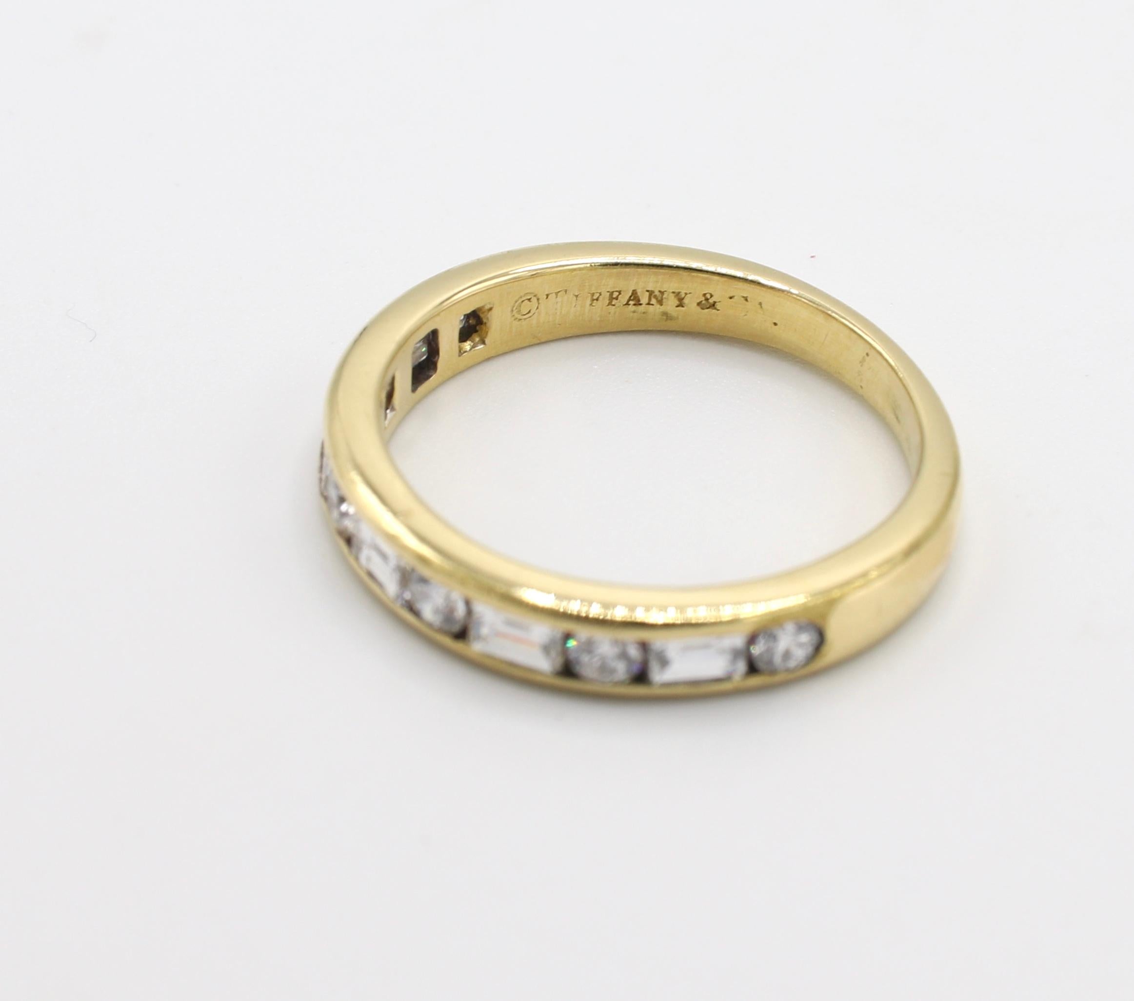 Women's or Men's Tiffany & Co. 18 Karat Gold Alternating Round and Baguette Diamond Band Ring