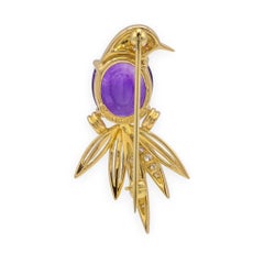 Tiffany & Co 18K Yellow Gold Amethyst Diamond Ruby Bird of Paradise Brooch 1988