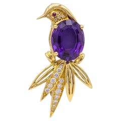 Tiffany & Co 18K Yellow Gold Amethyst Diamond Ruby Bird of Paradise Brooch 1988