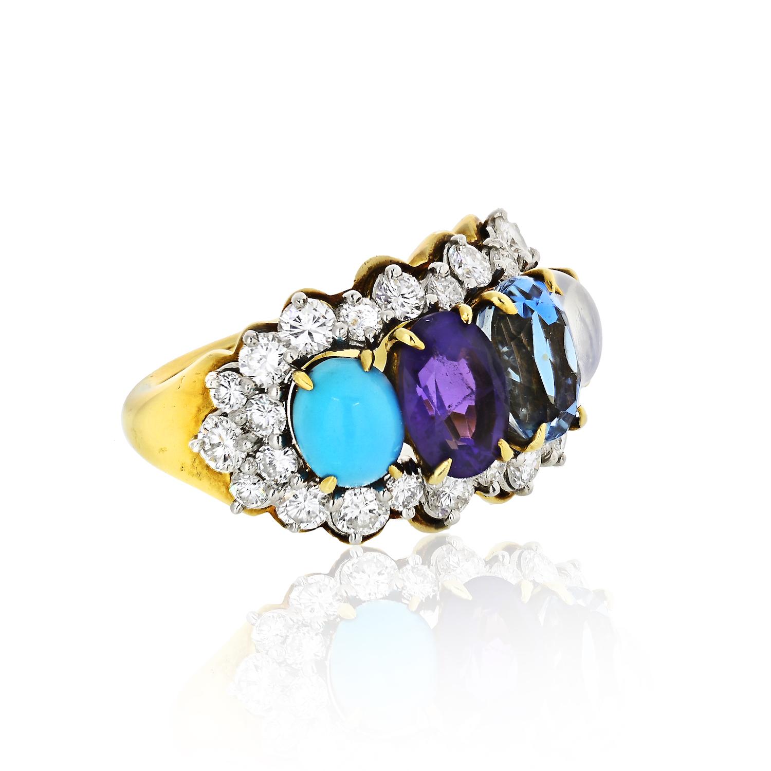 Tiffany Circa 1950 Four Stone Gemstone Diamond Ring Yellow Gold 3.00 cttw 

Gemstones that meet Tiffany's standards for clarity and color saturation rarely surface. When they do, their astonishing beauty defies description. Tiffany frames each stone