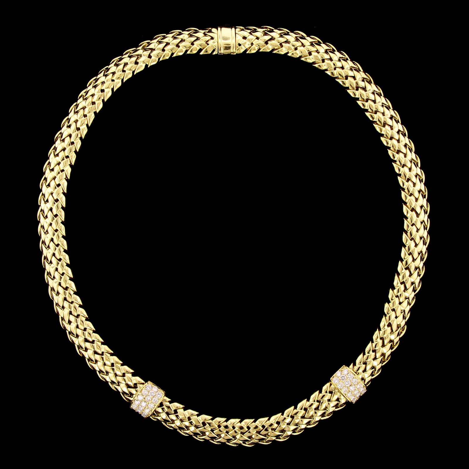 Tiffany & Co. 18K Yellow Gold and Diamond Vannerie Necklace. The woven link
necklace is designed with two stations pave set with 38 full cut diamonds,
approx. total wt. 1.85cts., F color, VS clarity, length 19