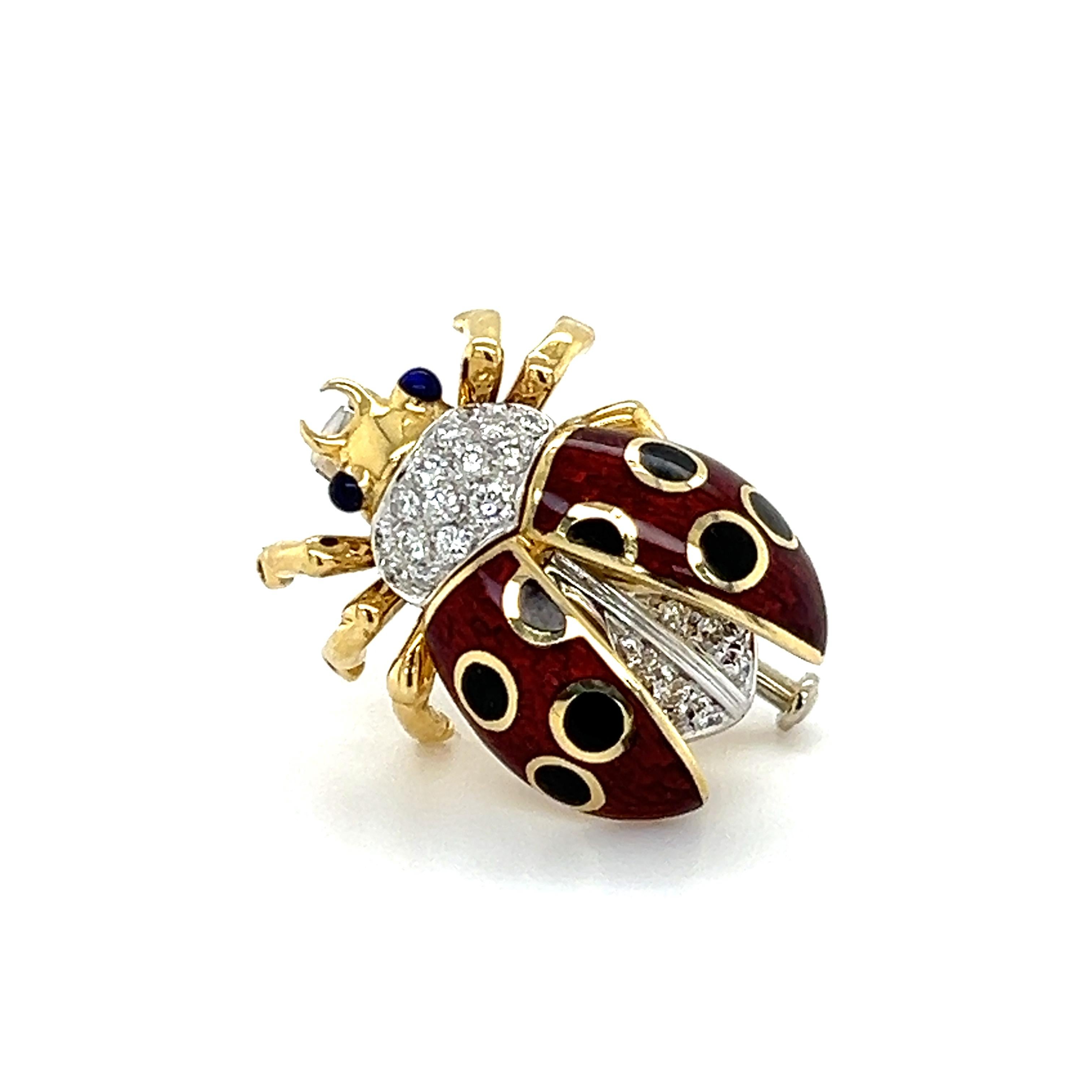 Beautiful design from famed designer Tiffany & Co. The brooch depicts a gorgoues lady bug encrusted with natural round brilliant cut diamonds. Known as a symbol of luck and good fortune the lady bug has been a favorite of jewelers throughout the