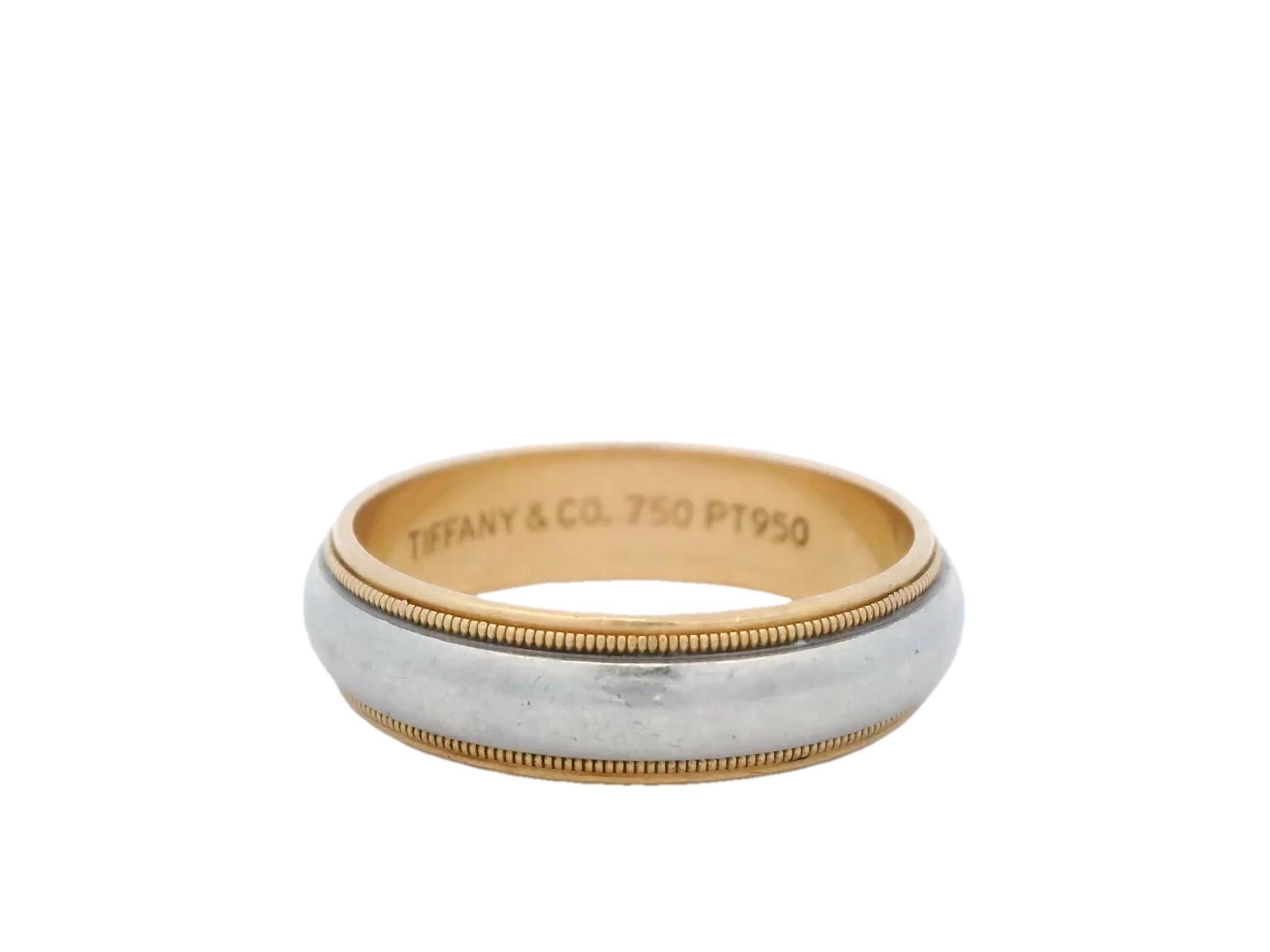 Modern Tiffany & Co. 18K Yellow Gold and Platinum Milgrain Wedding Band Size 10.75
