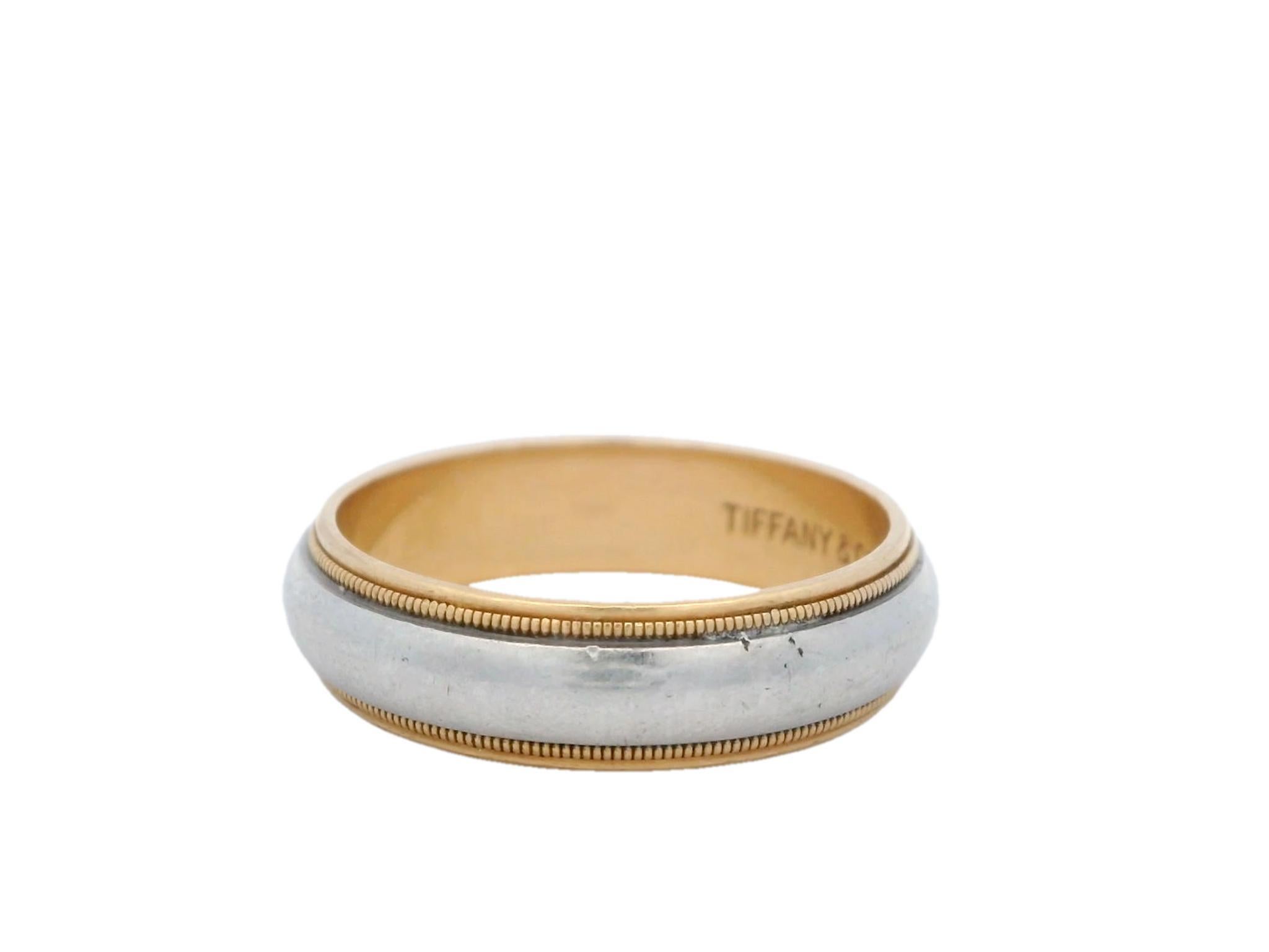 Tiffany & Co. 18K Yellow Gold and Platinum Milgrain Wedding Band Size 10.75 In Good Condition In Fairfield, CT