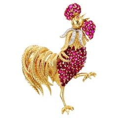 Tiffany & Co. 18k Yellow Gold and Platinum Ruby and Diamond Rooster Brooch