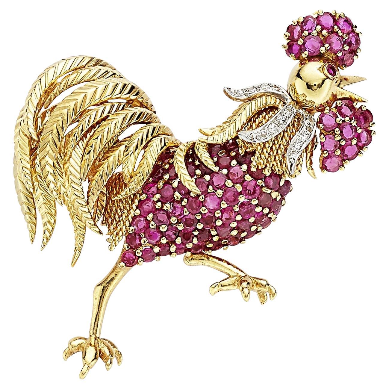 Tiffany & Co. 18k Yellow Gold and Platinum Ruby and Diamond Rooster Brooch