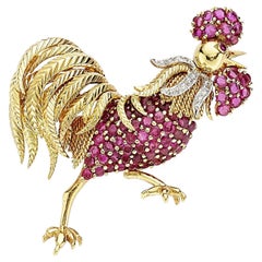 Tiffany & Co. Hahn-Brosche, 18 Karat Gelbgold und Platin Rubin und Diamant