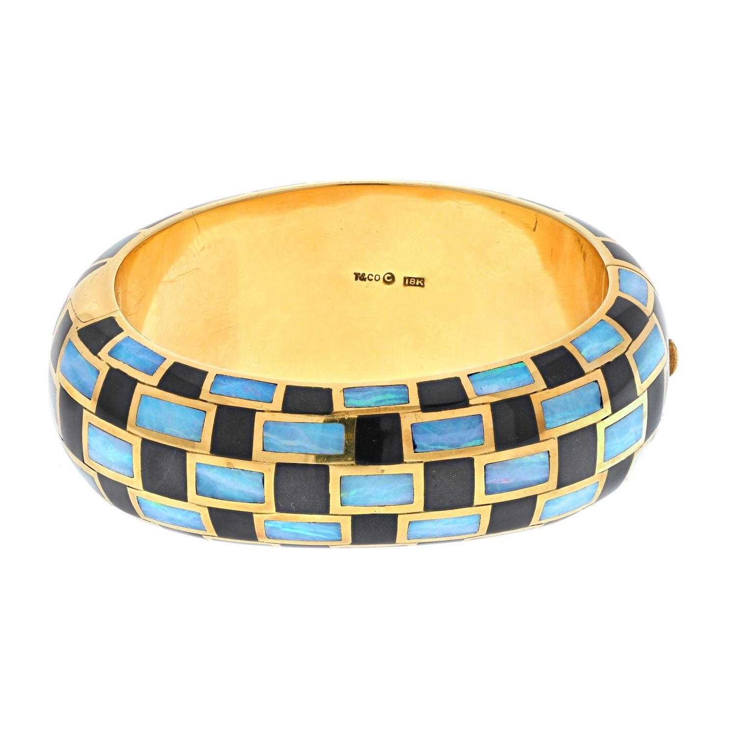 Square Cut Tiffany & Co. 18k Yellow Gold Angela Cummings Opal Black Enamel Inlay Bracelet