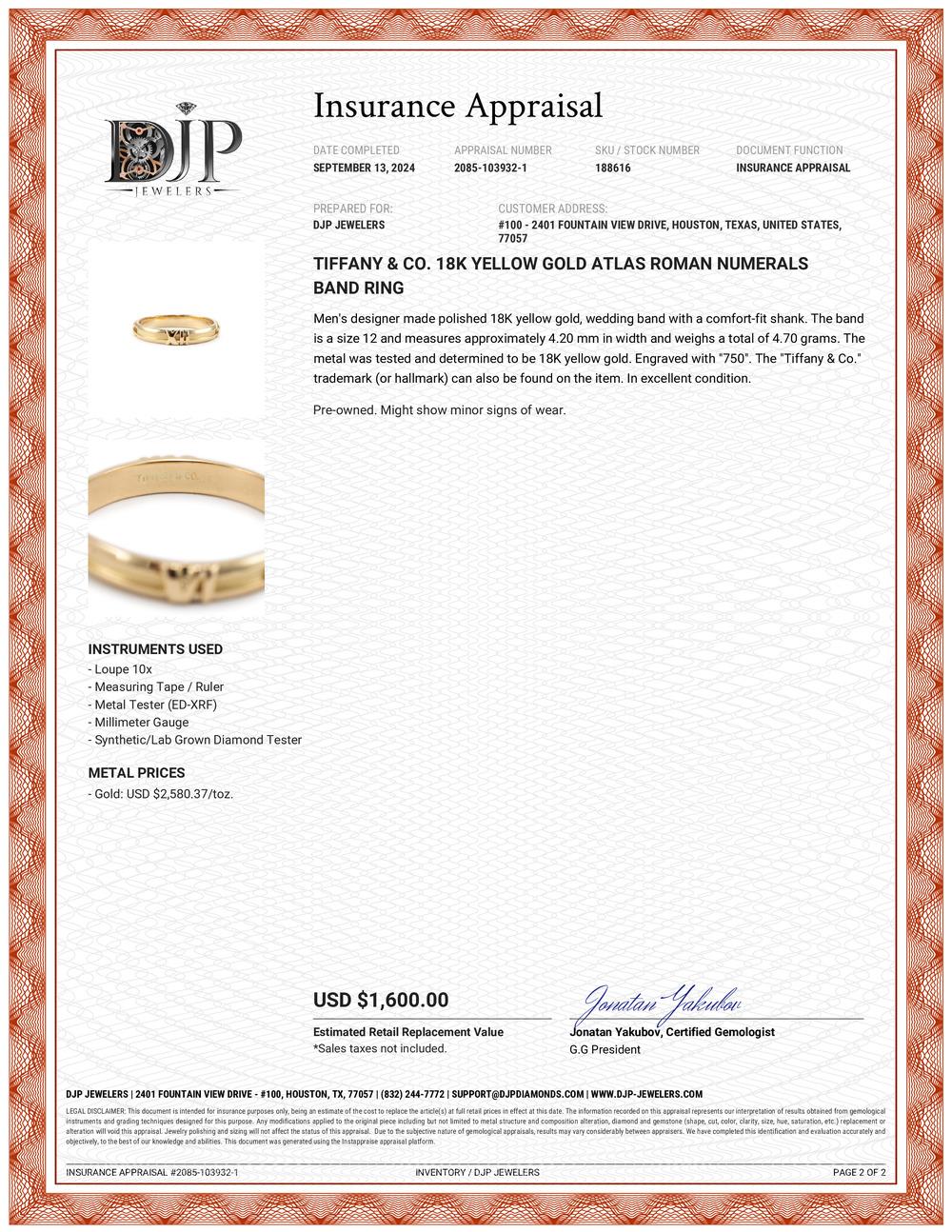 Tiffany & Co. 18K Yellow Gold Atlas Roman Numerals Band Ring 6