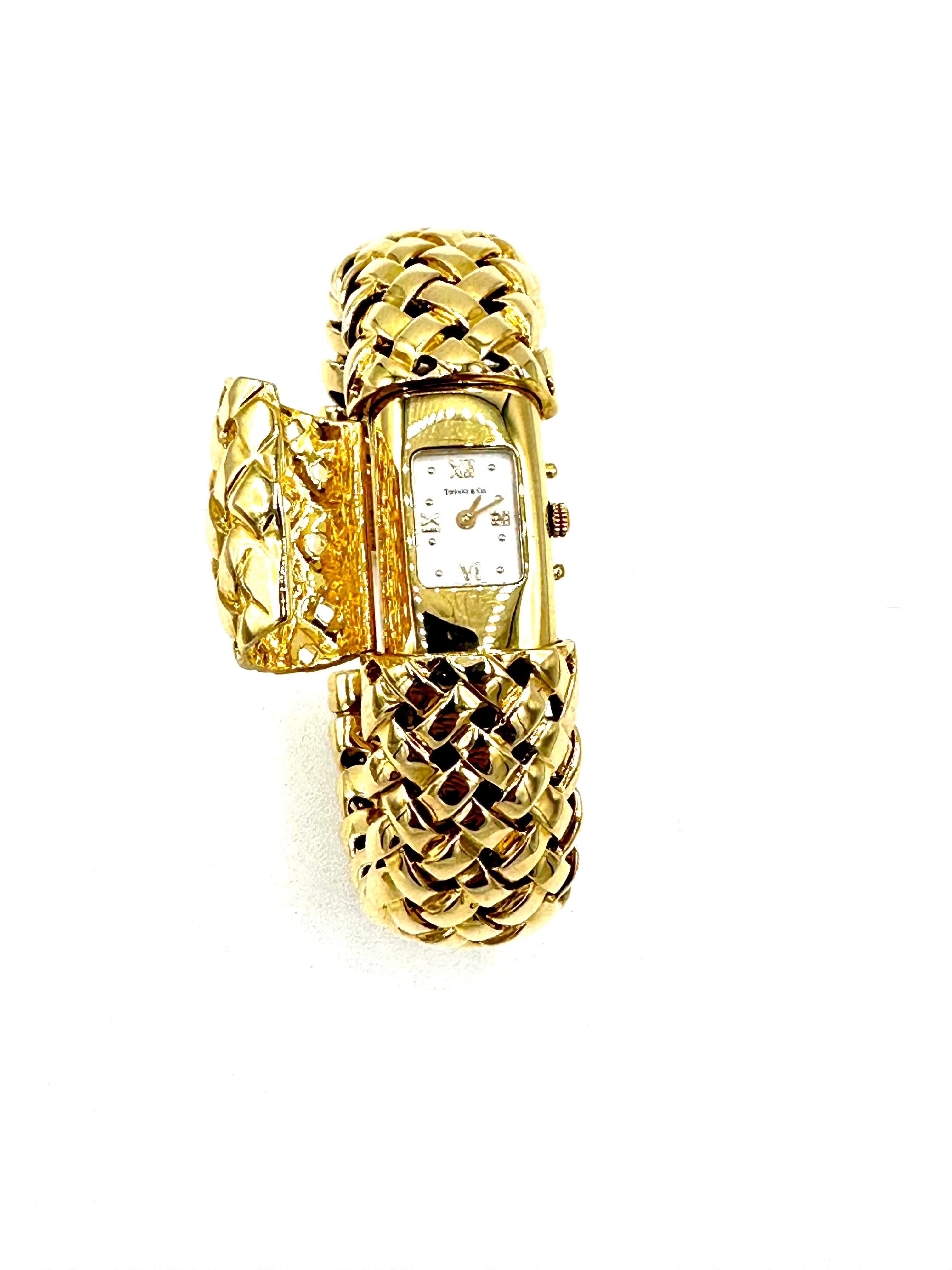 Modern Tiffany & Co. 18k Yellow Gold Basket Weave Bangle Bracelet Watch For Sale