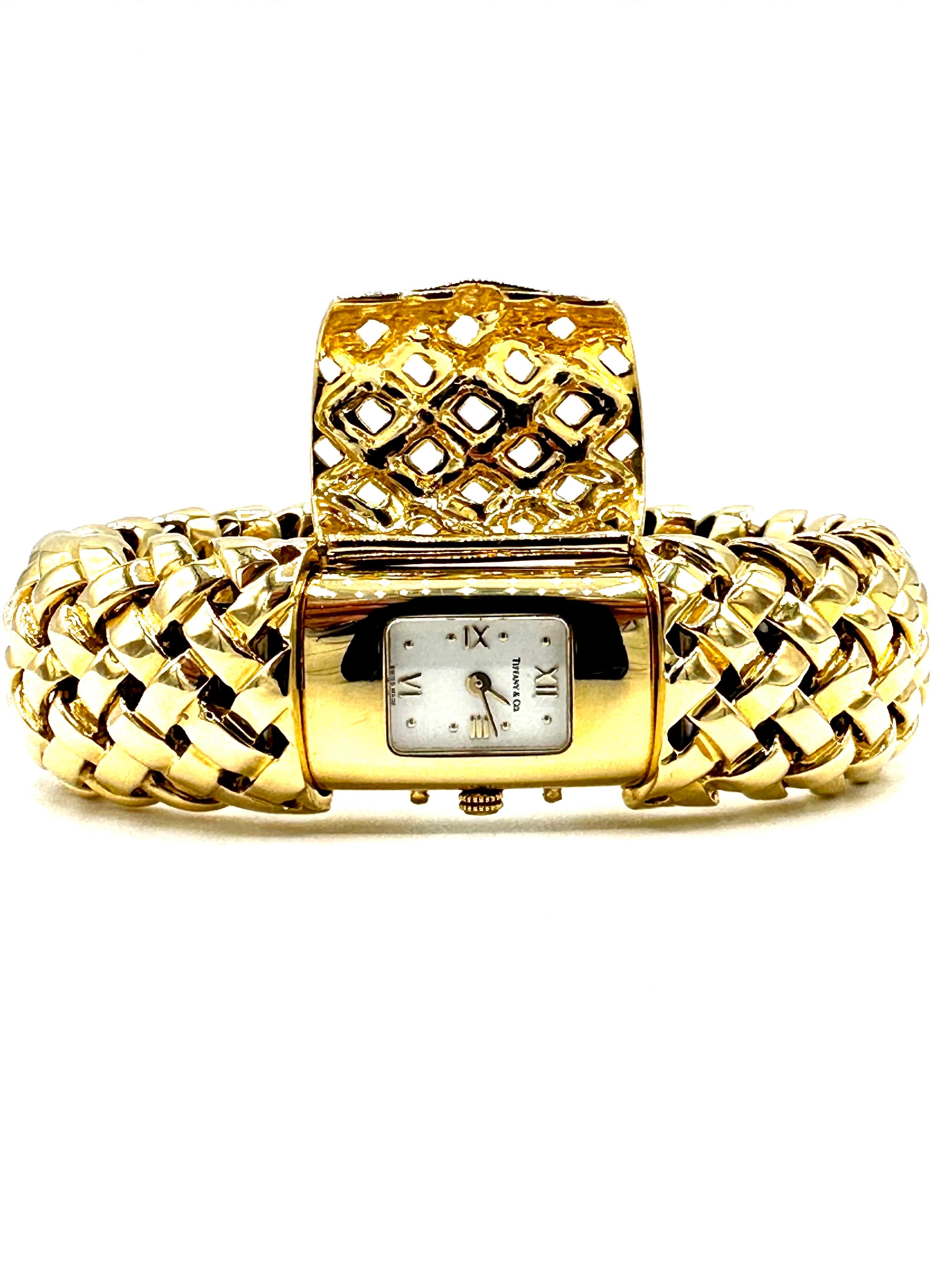 Tiffany & Co. 18k Yellow Gold Basket Weave Bangle Bracelet Watch For Sale 2