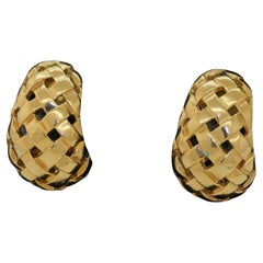 Tiffany & Co. 18k Yellow Gold Basket Weave Clip on Earrings, Circa 1989