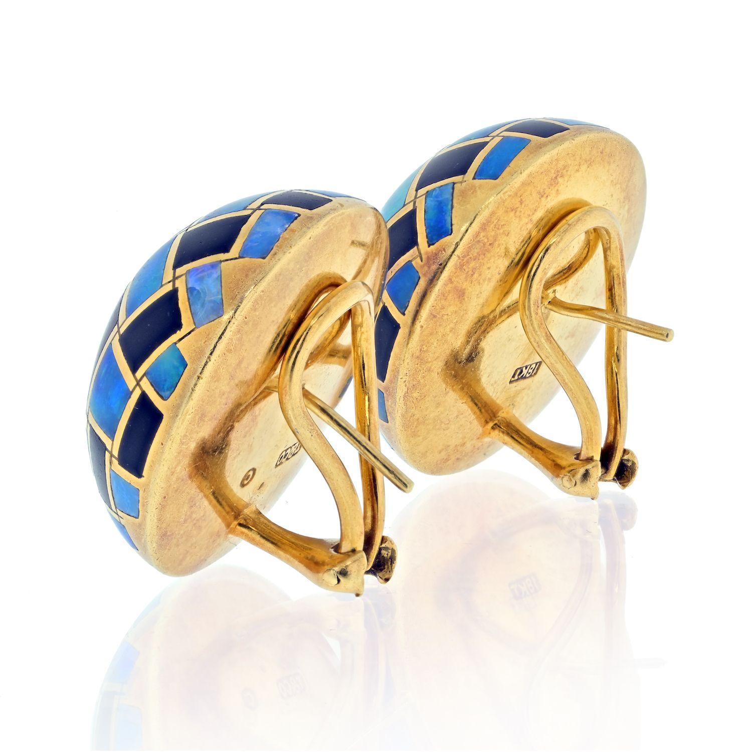 A pair of black jade and opal checkerboard patterned dome earrings, in 18k gold. Angela Cummings for Tiffany & Co.
Posts and clip-backs. Diameters 1 inch.