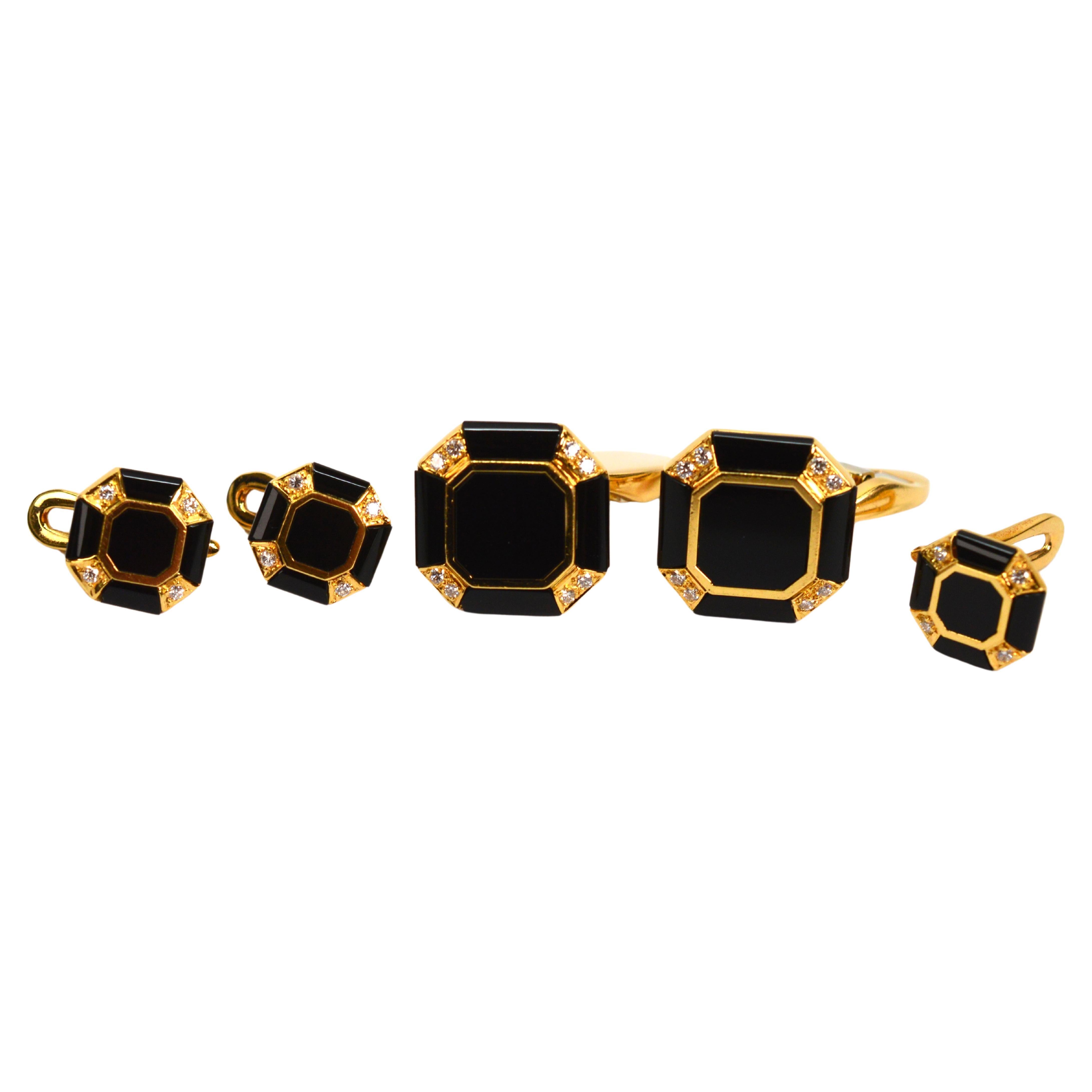 Tiffany & Co 18K Yellow Gold Black Onyx Diamond Cuff Link Tuxedo Set  2