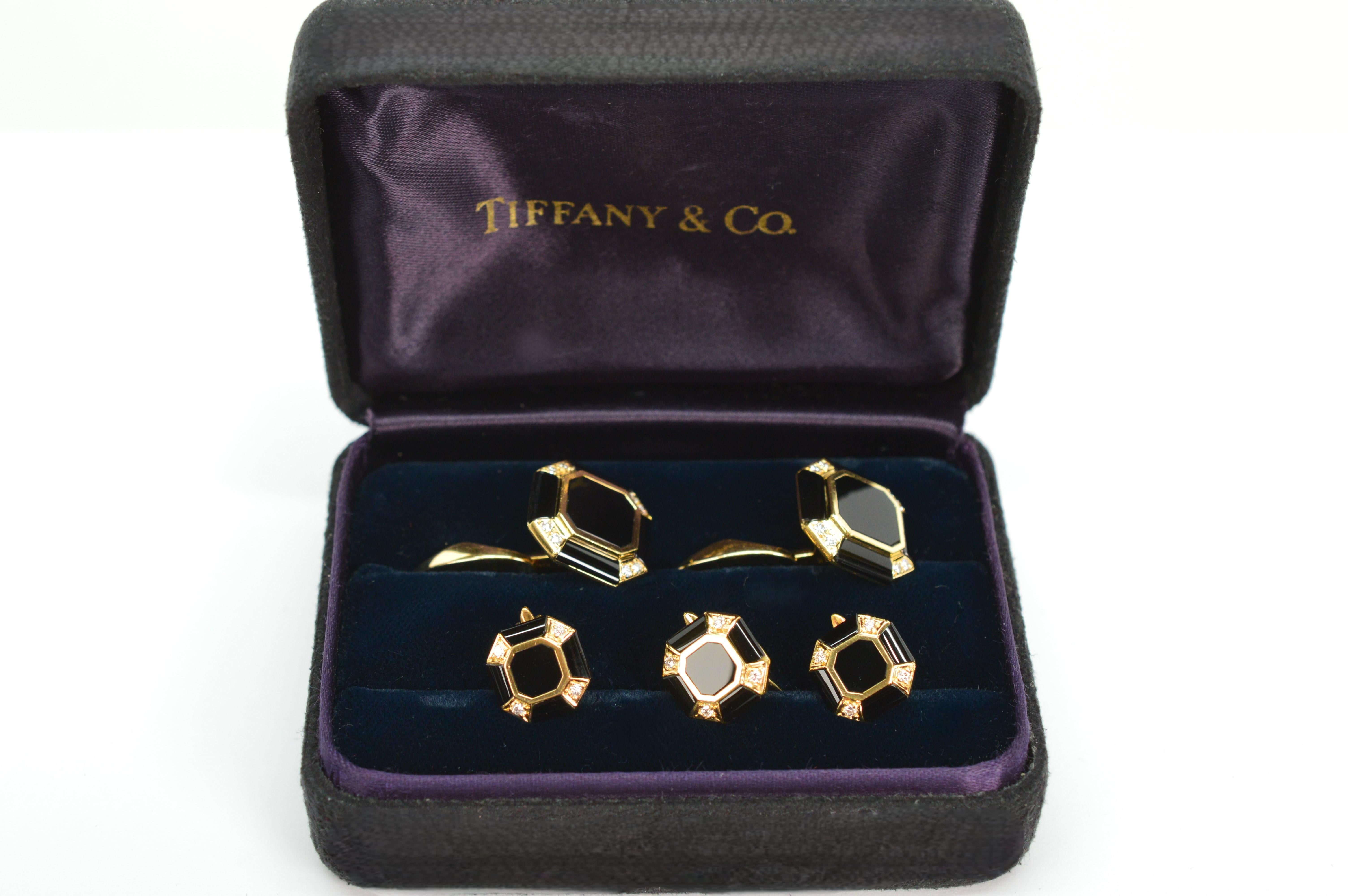 Tiffany & Co 18K Yellow Gold Black Onyx Diamond Cuff Link Tuxedo Set  3