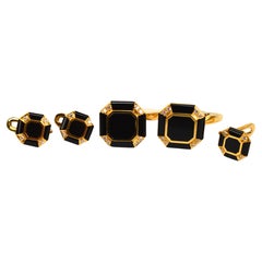 Tiffany & Co 18 Karat Gelbgold Schwarzer Onyx Diamant Manschettenknöpfe Glieder- Smoking-Set 