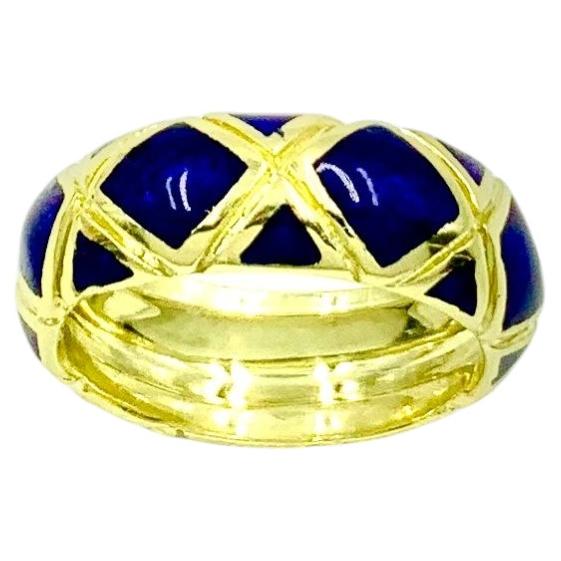 Tiffany & Co. 18K Yellow Gold Cobalt Blue Enamel Wide X Design Band Ring, Size 5