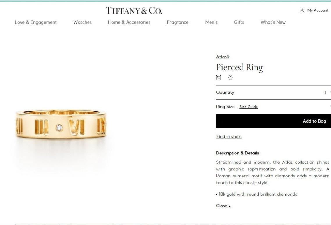 TIFFANY & Co. 18K Yellow Gold Diamond 5mm Atlas Pierced Ring 8 For Sale 2