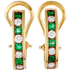 Tiffany & Co. 18 Karat Yellow Gold Diamond and Emerald Huggie Earrings