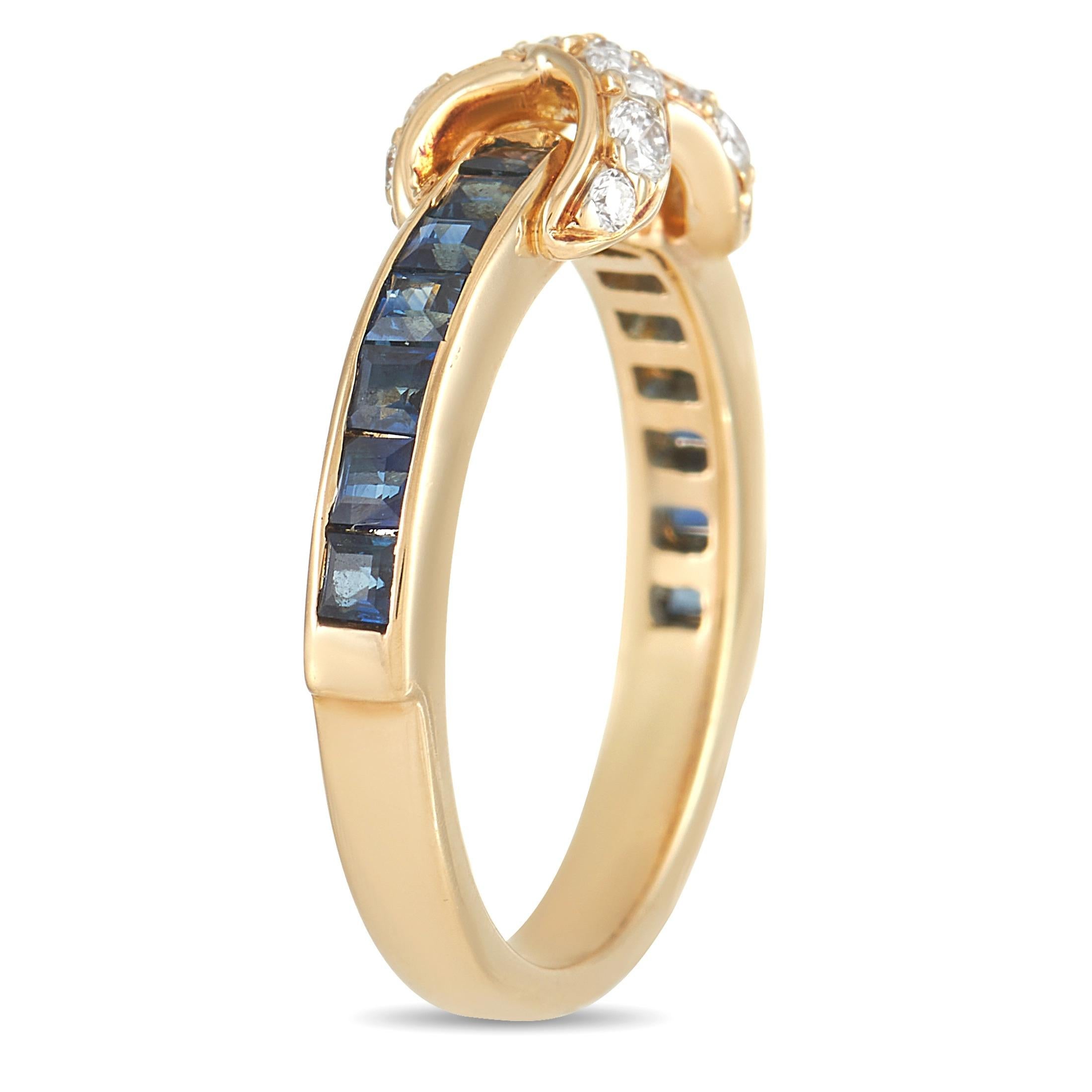 Celebrate love that goes on and on and on with this Tiffany & Co. 18K Yellow Gold Diamond and Sapphire Infinity Ring. The 2mm yellow gold band has its front adorned with a channel of beautiful blue sapphires. Embracing the center is a diamond-lined