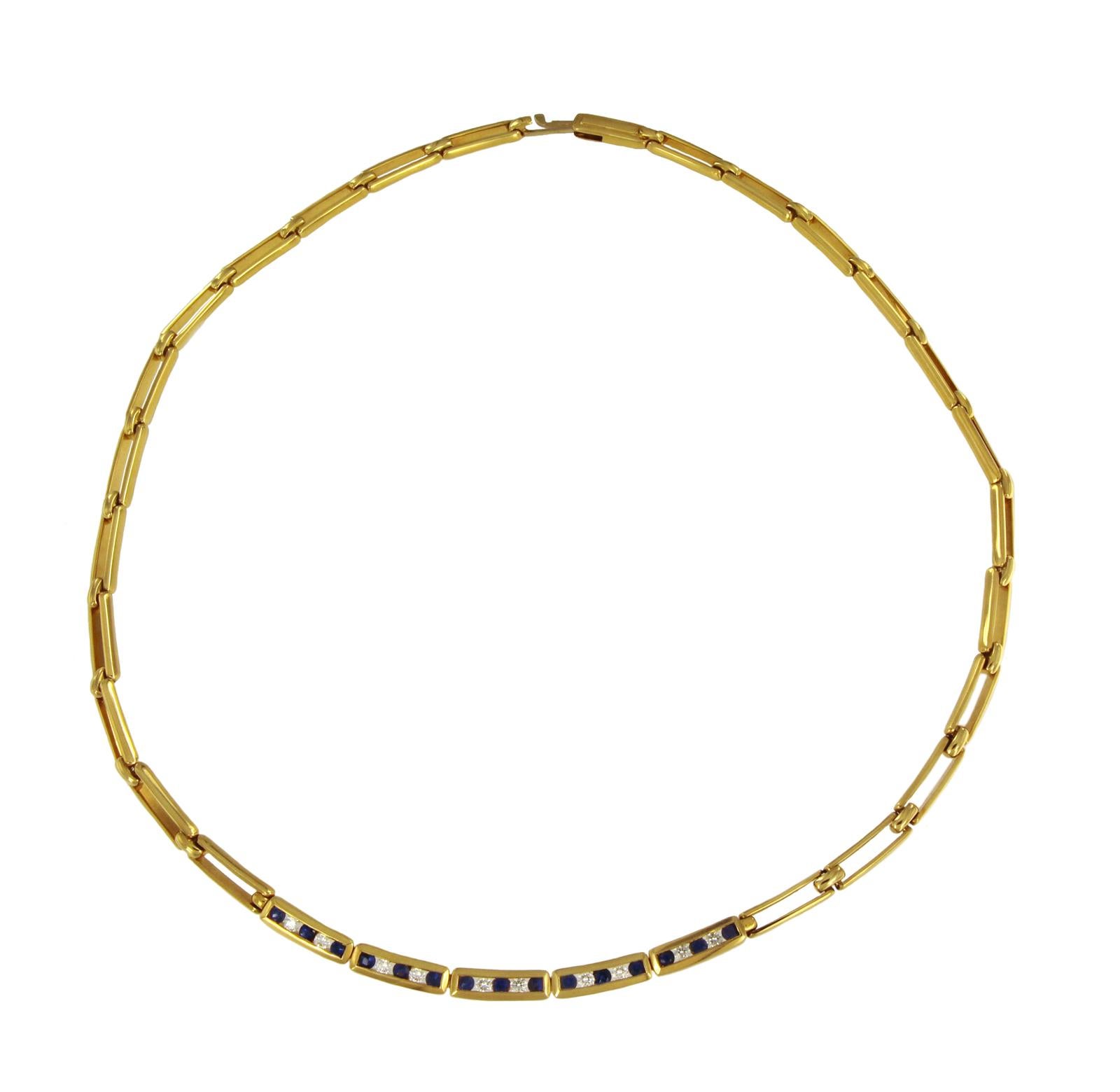 Round Cut Tiffany & Co. 18 Karat Yellow Gold Diamond and Blue Sapphire Link Necklace For Sale