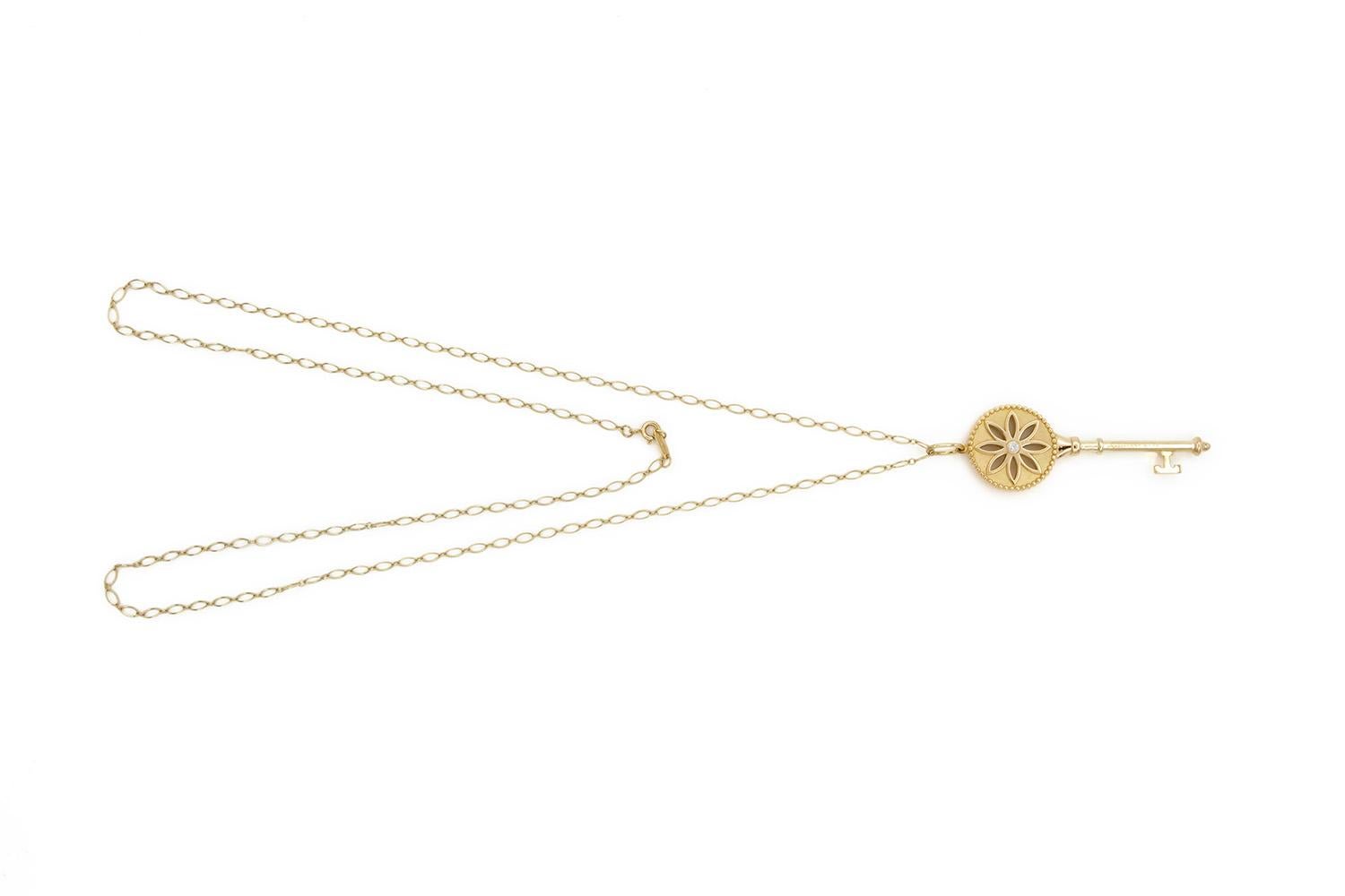 Contemporary Tiffany & Co. 18k Yellow Gold & Diamond Daisy Key Pendant Necklace Large 2.5