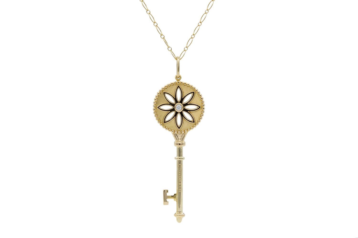 Round Cut Tiffany & Co. 18k Yellow Gold & Diamond Daisy Key Pendant Necklace Large 2.5