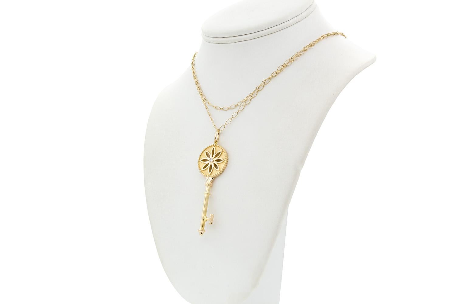 Tiffany & Co. 18k Yellow Gold & Diamond Daisy Key Pendant Necklace Large 2.5
