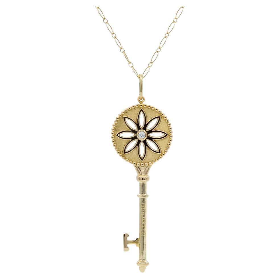 Tiffany & Co. 18k Yellow Gold & Diamond Daisy Key Pendant Necklace Large 2.5" For Sale