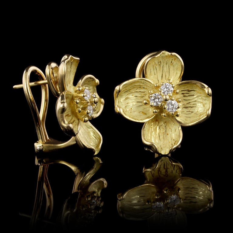 Tiffany and Co. 18 Karat Yellow Gold Diamond Dogwood Earrings at 1stDibs