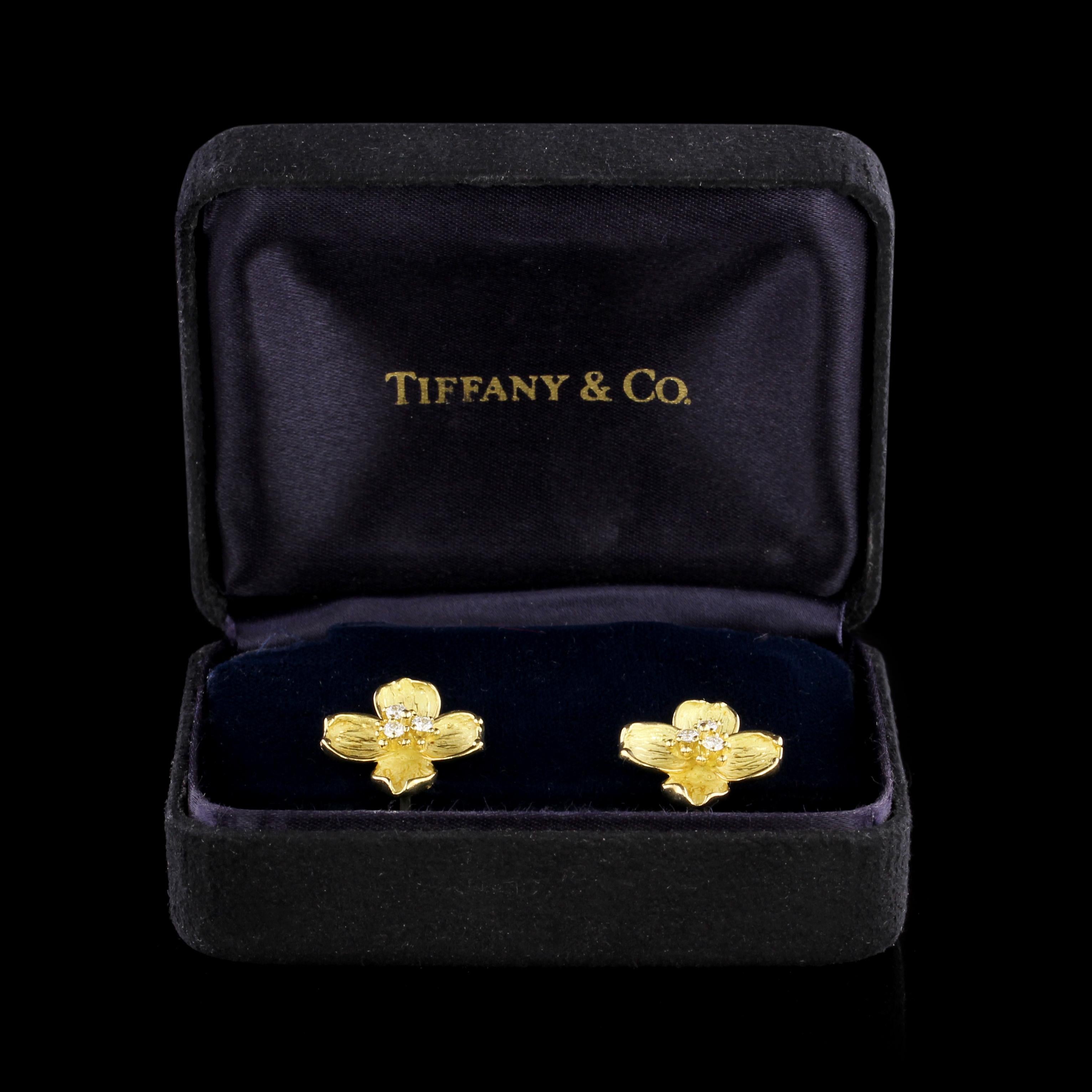 Women's Tiffany & Co. 18 Karat Yellow Gold Diamond Dogwood Earrings