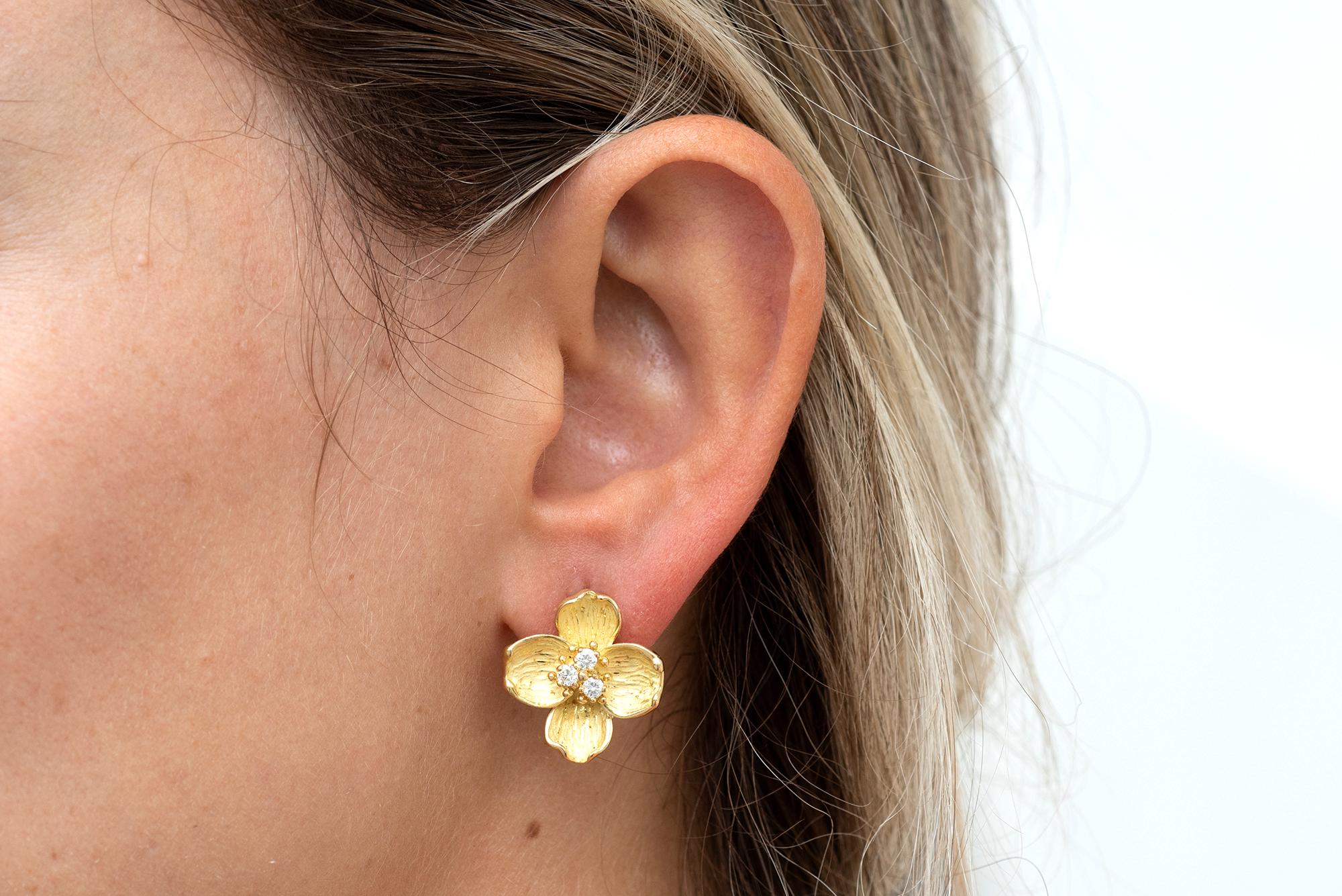 Tiffany & Co. 18 Karat Yellow Gold Diamond Dogwood Earrings 1