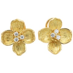 Tiffany & Co. 18 Karat Yellow Gold Diamond Dogwood Earrings