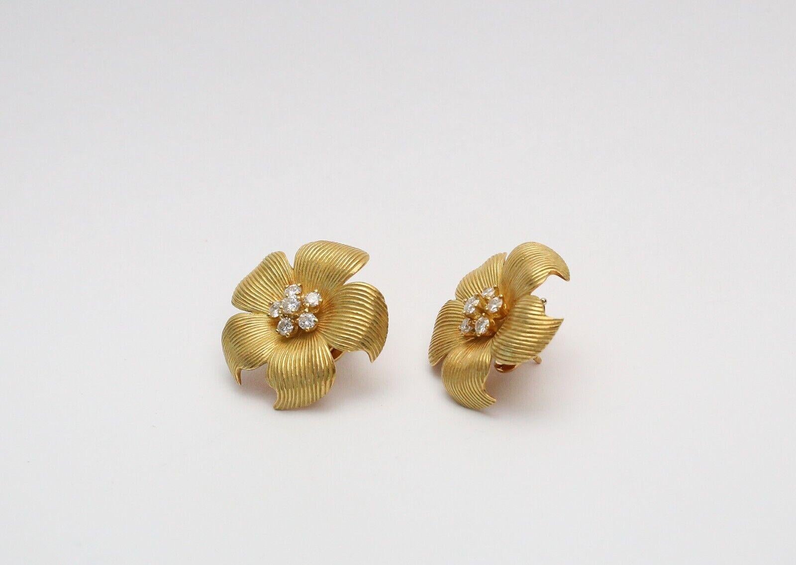 Round Cut Tiffany & Co. 18k Yellow Gold Diamond Dogwood Flower Earrings, 18.3g For Sale