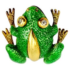 Tiffany & Co. 18K Yellow Gold Diamond Emerald Green Enamel Frog Brooch