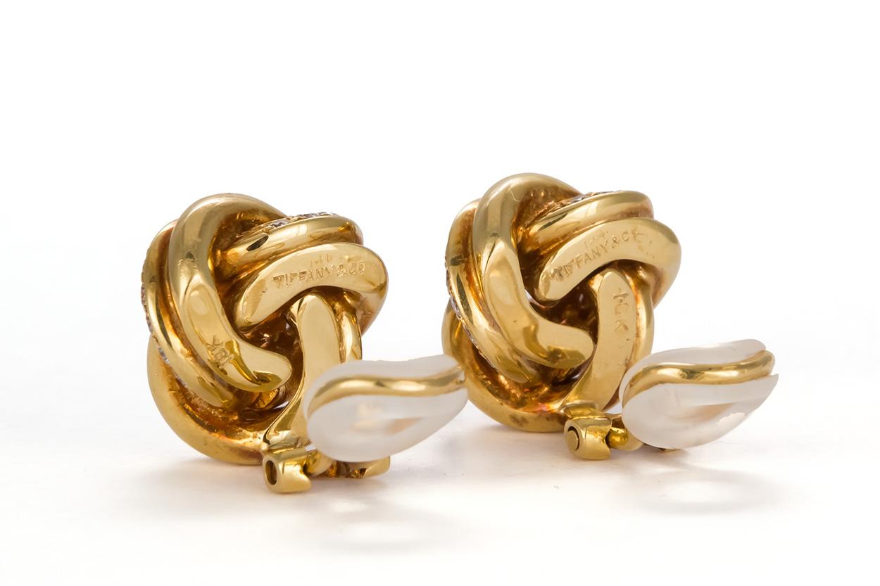 Contemporary Tiffany & Co. 18 Karat Yellow Gold and Diamond Love Knot Earring Clips