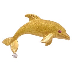 Tiffany & Co. 18K Yellow Gold Diamond Ruby Dolphin Brooch