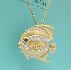 TIFFANY & Co. 18K Yellow Gold Diamond Ruby Fish Pendant Necklace Large